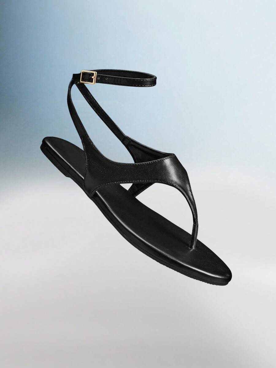 Solezae Women's Casual Comfy Ankle Strap Flat Thong Sandals - Black - View 1