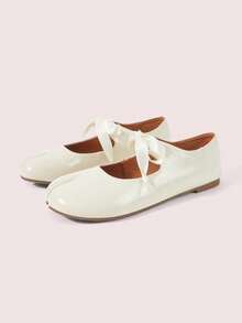 CUCCOO DOLLMOD Women's Lace Up Side Bow Tabi Mary Jane Flats Off White Casual Slip On Ballet Flat Shoes Fall Shoes - Beige - View 2