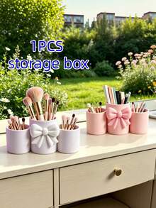 1PC Standard Size Sturdy Durable Lightweight Scratch Resistant Waterproof Easy Clean Non Slip Base Bowknot Pattern Clear Storage Box Organizer Tray For Stationery Office Desk Home Bedroom Vanity School Supplies Gift Container Versatile - Multicolor - View 2