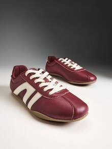 Solezae Women Comfy Casual Cute Lace-Up Ballet Sneakers - Burgundy - View 2