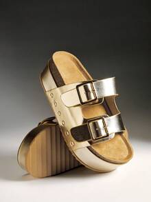 Solezae Sepatu Wanita Sandal Selop Platform Tebal dengan Gesper Ganda - Emas - View 10