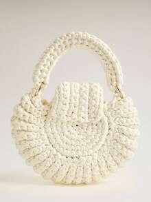 Wovira Ladies Beige Woven Handbag, Cute Round Shape, Fringed Decoration, Premium Metal Lock, For Daily, Vacation, Travel, Bohemian, Seaside, Beach Wedding - White - View 4