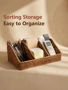 1PC Multipurpose Sturdy Non Slip Light Brown Nordic Storage Basket Organizer For Desk Stationery Notebooks Remote Controls Home Office Living Room Bedroom Essential Gift - White flower glue color - View 6