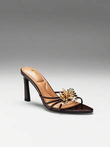 SHUZIA Women's Gold Pansy Hardware Flower Pointed Toe High Heel Sandals - Chocolate Brown - View 4