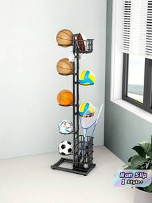 1PC Freestanding Sturdy Space Saving Holds Multiple Basketballs Soccer Volleyballs Tennis Rackets With Hoop And Hooks Silver Vertical Ball Rack For Home Gym Garage Backyard School Sports Court Durable Easy Access Non Slip Base Perfect Organizer Gift - black - View 1