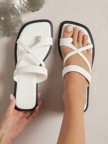 Solezae #BritishChic Women's Toe-Loop Cross-Band Cushioned Premium Faux Leather White Slide Sandals – Refined, Minimal & Comfortable - White - View 2