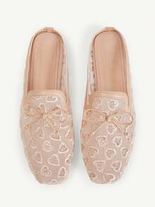 CUCCOO CHICEST Square Toe Flat Bottom Apricot Love Embroidery Mesh Bow Breathable Women's Low Vamp Flat Bottom Shoes Mules Shoes Exquisite Comm - Apricot - View 1