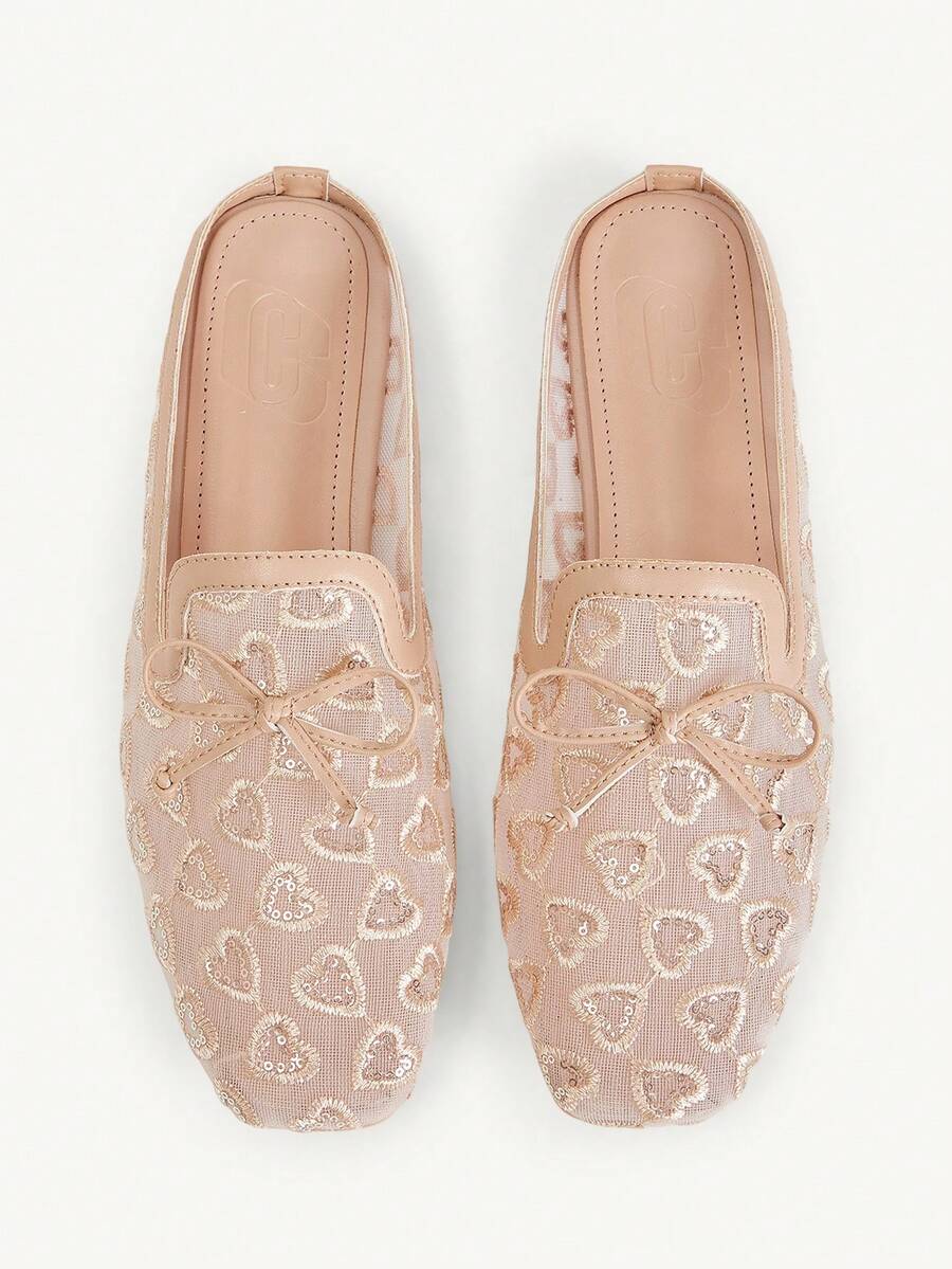CUCCOO CHICEST Square Toe Flat Bottom Apricot Love Embroidery Mesh Bow Breathable Women's Low Vamp Flat Bottom Shoes Mules Shoes Exquisite Comm - Apricot - View 1