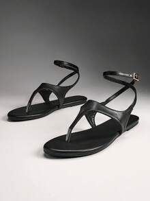 Solezae Women's Casual Comfy Ankle Strap Flat Thong Sandals - Black - View 5