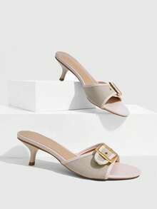 CUCCOO SZL 5.5CM 小貓跟金屬方扣女款高跟涼鞋，米白色通勤、派對、約會、外出時尚女款高跟涼鞋 - 米白色 - 查看 1