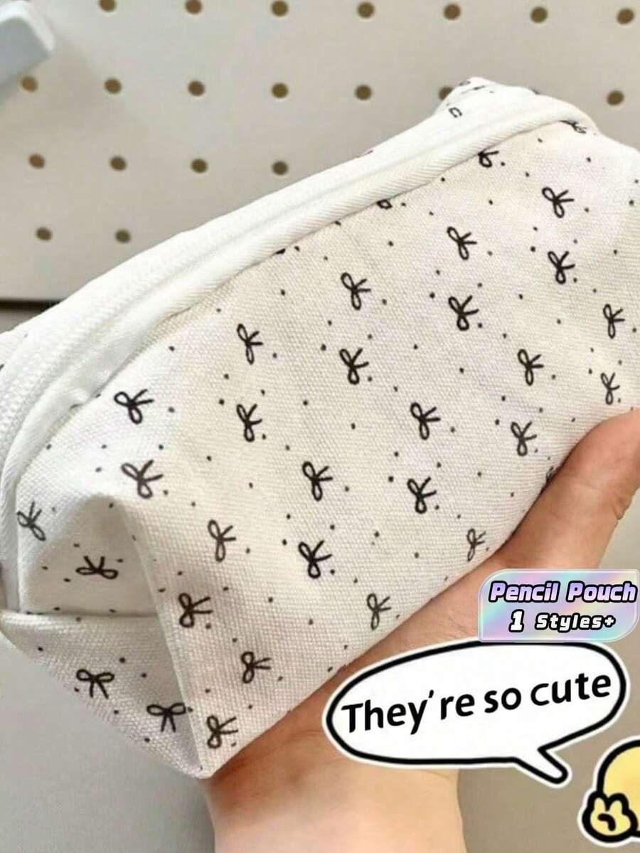 1pc Cute Large Capacity Cosmetic & Stationery Storage Bag, Bow Decor Pencil Case Back To School,Pencil Pouch,School Bag - Single Piece - View 1