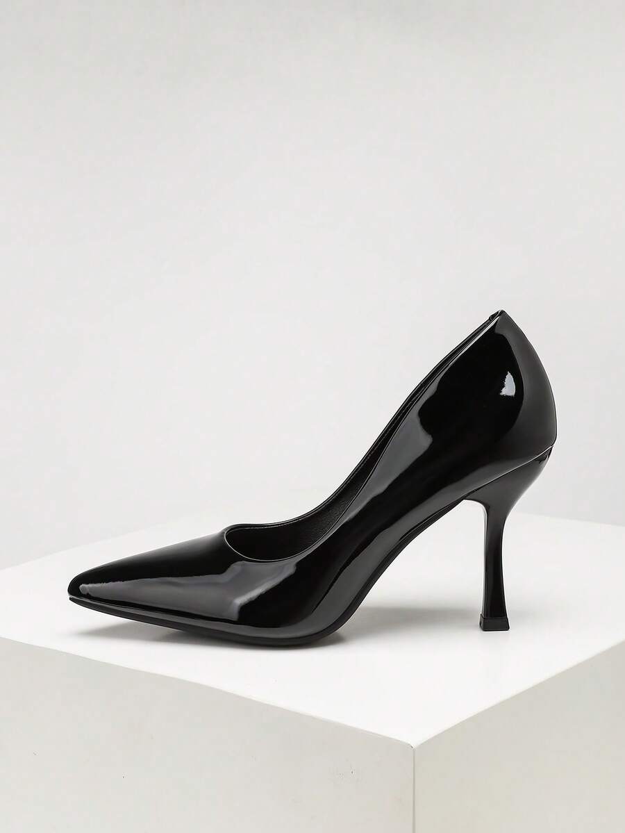 CUCCOO SZL Women's Shoes Fashionable Black PU Material Pointed Stiletto High Heels, Simple Glossy Design, Suitable For Commuting Dating Parties - Black 8 - View 1