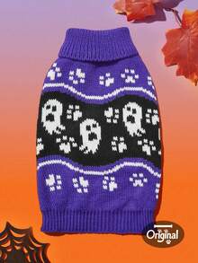 1pc Pet Cat Dog Universal Halloween Purple Ghost Paw Print Jacquard Knit Elastic Comfortable Warm Sweater, PETSIN Original Design - Multicolor - View 4