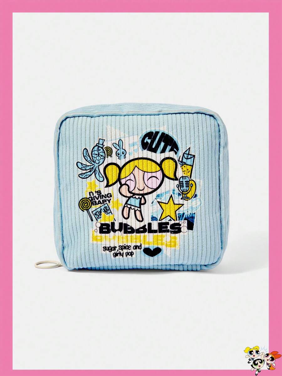 THE POWERPUFF GIRLS X SHEIN 拼接卡通角色與字母印花拉鍊化妝包,便攜旅行化妝收納袋,日常盥洗用品收納袋 - 卡通人物 - 查看 1