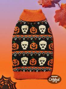 1pc Pet Cat Dog Universal Halloween Pumpkin Skull Fairisle Pattern Classic Retro Jacquard Knit Elastic Turtleneck Warm Comfortable Dog Sweater, PETSIN Original Design - Red and White - View 3