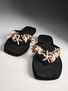 VACAZURE Women PVC Thong Flat Bling Chic Tropical Everyday Black Seashell Flip Flops - Black - View 2