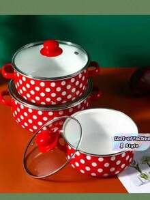 This Is A Three Pieces Cookware Set With Red Polka Dots, Perfect For Christmas. Indoor Kitchens And Dining Rooms - View 1