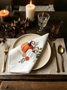 Cirelle 1/2/4 Pcs Embroidered Pumpkin Cloth Napkins, Fall Harvest Polyester Dinner Napkins Set, Washable Reusable Table Napkins For Thanksgiving, Autumn Holiday & Dining Table Decor - Multicolor - View 3