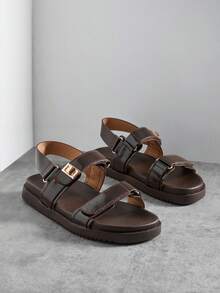 Solezae Women's Premium Oil-Finished PU Gold Accent & Puff Cushion Sole Flat Sandals With Adjustable Buckle - Coffee Brown - View 6