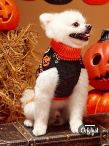 1pc Pet Cat Dog Universal Halloween Pumpkin Skull Fairisle Pattern Classic Retro Jacquard Knit Elastic Turtleneck Warm Comfortable Dog Sweater, PETSIN Original Design - Red and White - View 7