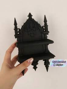 1PC Standard Size Sturdy Resin Gothic Dark Style Double Tier Wall Mounted Shelf Rack With Vintage Ornate Design Decorative Storage Display Stand For Books Photos Plants Candles Black Finish Space Saving Home Living Room Bedroom Office Halloween - hanger - View 1