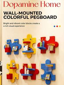 Interlocking Puzzle Pegboard Wall Organizer, No Drill Wall Mount Peg Board Storage Rack, Creative Modular Display Shelf, Hanging Hole Board Organizer For Kids Study Desk Bedroom Office Decor - View 7