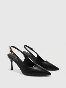 CUCCOO BIZCHIC 女款尖頭細高跟黑色後綁帶slingback高跟鞋，日常百搭通勤鞋 - 啞黑 - 查看 1