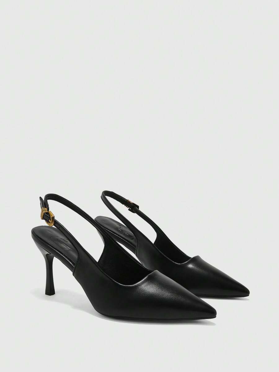 CUCCOO BIZCHIC 女款尖頭細高跟黑色後綁帶slingback高跟鞋，日常百搭通勤鞋 - 啞黑 - 查看 1
