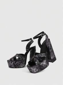 CUCCOO LuxiPop 女款高跟涼鞋，鏤空粗跟方頭後扣式高跟鞋，夜店風，派對季節穿搭，黑色，適合春/夏季 - 黑色 - 查看 1