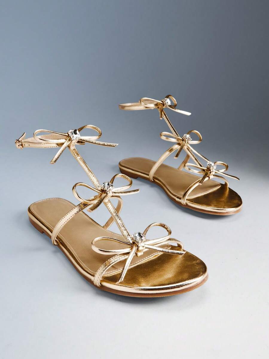 Solezae Women's Minimalist Elegant Ribbon Decor Ankle Strap Flat Sandals Summer Shoes - Gold - View 1