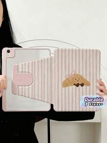 Casing Tablet Motif Garis-Garis Merah Muda Croissant yang Lucu dengan Slot Pena, Penutup Penyangga Magnetik Multi-Sudut dengan Fungsi Tidur/Bangun Otomatis - MultiWarna - View 1