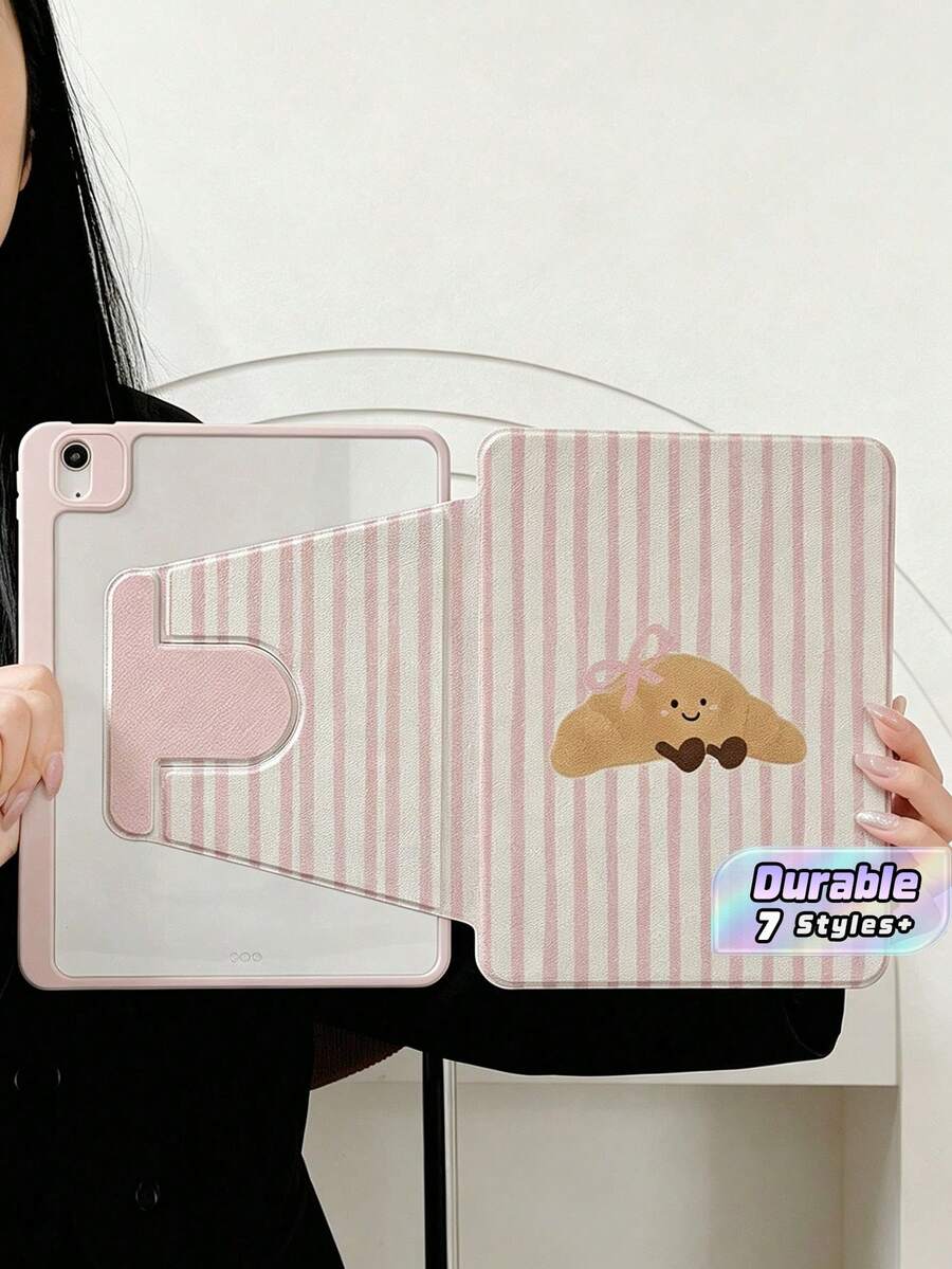Casing Tablet Motif Garis-Garis Merah Muda Croissant yang Lucu dengan Slot Pena, Penutup Penyangga Magnetik Multi-Sudut dengan Fungsi Tidur/Bangun Otomatis - MultiWarna - View 1