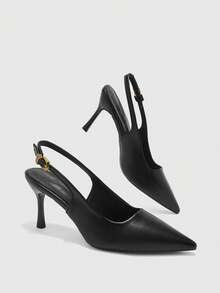 CUCCOO BIZCHIC 女款尖頭細高跟黑色後綁帶slingback高跟鞋，日常百搭通勤鞋 - 啞黑 - 查看 5