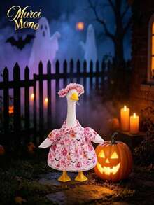 Pink Halloween Porch Goose Outfit For 23 Inch Goose Statue Pumpkin Ghost Print Dress With Matching Hat Fall Yard Lawn Patio Decor(The Goose Statue Is Not Included) - A - View 3
