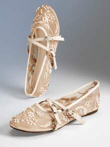 Solezae Sepatu Balet Bordir Elegan untuk Wanita - Aprikot - View 1