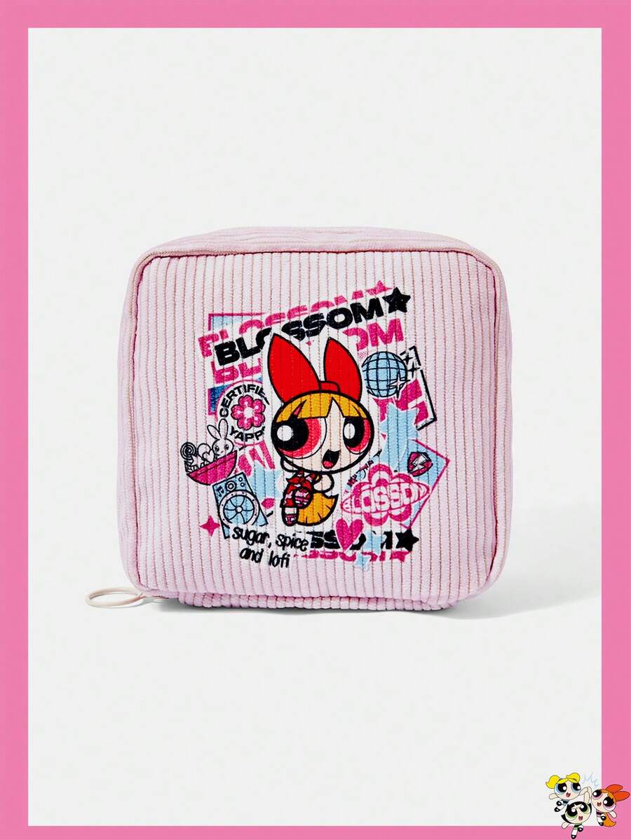 THE POWERPUFF GIRLS X SHEIN 拼貼卡通角色與字母印花拉鍊化妝包,便攜旅行化妝收納袋,適合日常盥洗用品整理 - 卡通女孩 - 查看 1