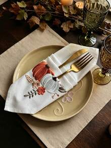 Cirelle 1/2/4 Pcs Embroidered Pumpkin Cloth Napkins, Fall Harvest Polyester Dinner Napkins Set, Washable Reusable Table Napkins For Thanksgiving, Autumn Holiday & Dining Table Decor - Multicolor - View 5