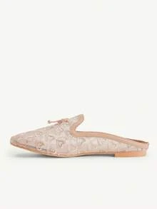 CUCCOO CHICEST Square Toe Flat Bottom Apricot Love Embroidery Mesh Bow Breathable Women's Low Vamp Flat Bottom Shoes Mules Shoes Exquisite Comm - Apricot - View 4