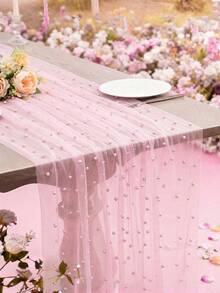 1PC Pearl Mesh Table Runner Pink Lace Chiffon Bohemian Wedding Dessert Cover, Wrinkle Resistant Tulle For Outdoor Wedding Arch Party Baby Shower Bridal Shower Decor - multicolor - View 10