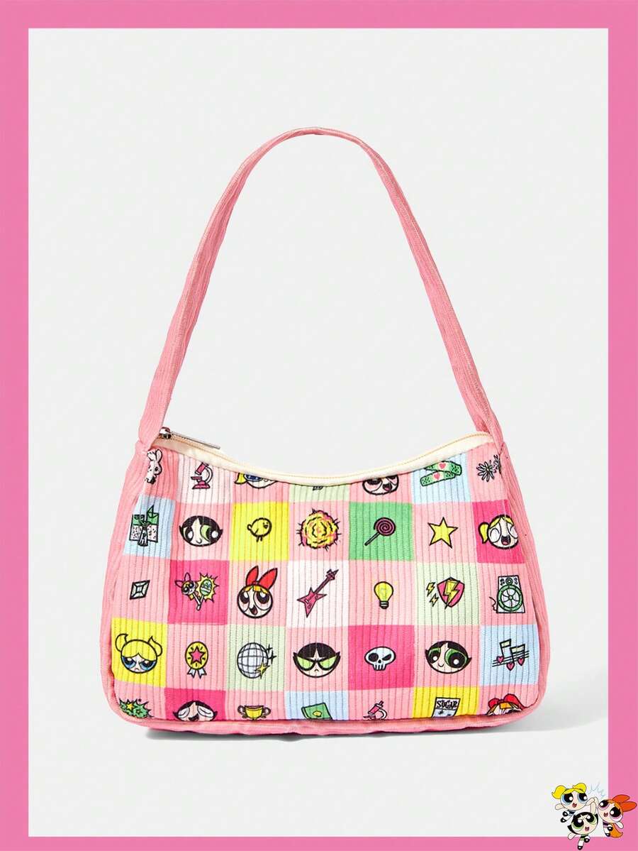 THE POWERPUFF GIRLS X SHEIN 彩色格紋拼接卡通人物印花拉鍊腋下包,單肩長棍麵包肩背手提包,適合日常街頭穿搭 - 卡通人物-4 - 查看 1