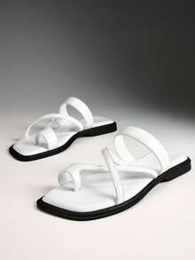 Solezae #BritishChic Women's Toe-Loop Cross-Band Cushioned Premium Faux Leather White Slide Sandals – Refined, Minimal & Comfortable - White - View 8