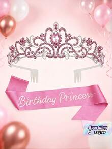 Sparkling Birthday Princess Crown – Rhinestone Tiara & Sash Set, Women's Party Decoration - View 1