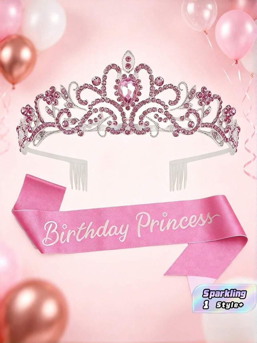 Sparkling Birthday Princess Crown – Rhinestone Tiara & Sash Set, Women's Party Decoration - View 1