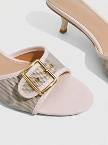 CUCCOO SZL 5.5CM 小貓跟金屬方扣女款高跟涼鞋，米白色通勤、派對、約會、外出時尚女款高跟涼鞋 - 米白色 - 查看 5