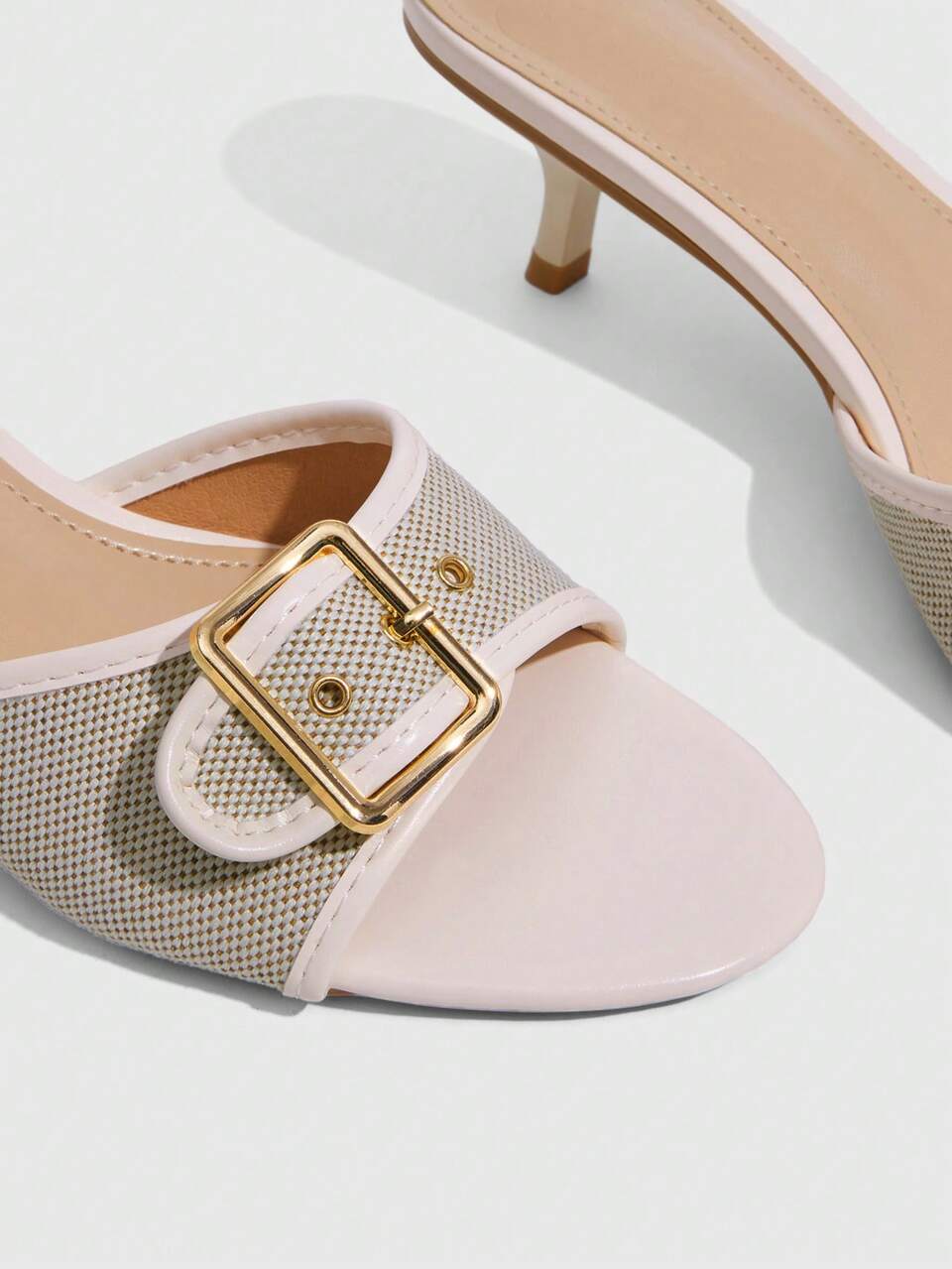 CUCCOO SZL 5.5CM Kitten Heel Metal Square Buckle Women's High Heel Sandals, Beige White High Heel Sandals For Commute, Party, Date, Outing, Fashion Women's High Heel Sandals