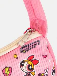 THE POWERPUFF GIRLS X SHEIN 粉色底色重複卡通角色與小愛心元素印花拉鍊腋下包，單肩長條肩背手提包，適合日常穿搭 - 卡通人物-6 - 查看 4