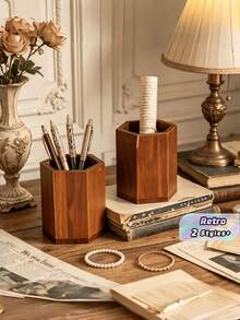 1PC Standard Size Compact Vintage Wooden Hexagonal Diamond Shaped High Practical Pen Holder Pencil Organizer Storage Shelf Desk Rack Durable Sturdy Non Slip Scratch Resistant Space Saving Multi Purpose For Office Study Home - Brown - View 1