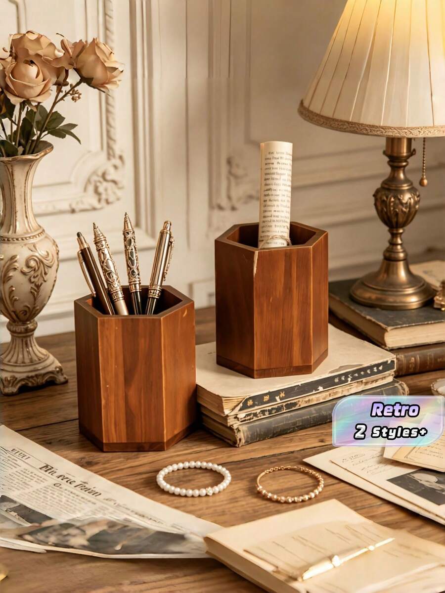 1PC Standard Size Compact Vintage Wooden Hexagonal Diamond Shaped High Practical Pen Holder Pencil Organizer Storage Shelf Desk Rack Durable Sturdy Non Slip Scratch Resistant Space Saving Multi Purpose For Office Study Home - Brown - View 1
