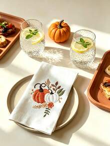 Cirelle 1/2/4 Pcs Embroidered Pumpkin Cloth Napkins, Fall Harvest Polyester Dinner Napkins Set, Washable Reusable Table Napkins For Thanksgiving, Autumn Holiday & Dining Table Decor - Multicolor - View 9