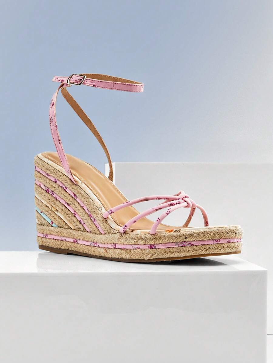 Solezae Women's Elegant Cute Floral Print Ankle Strap Espadrille Wedges - Baby Pink - View 1